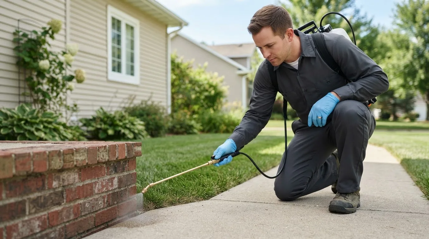 Pest control technician treating a home near Gladstone, MI